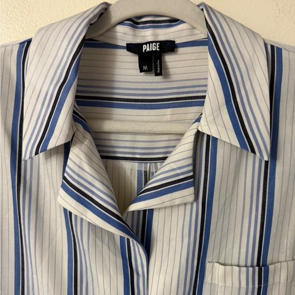 PAIGE Women’s White Dream Blue Striped Notch Lapel Collar Button-Up Shirt Size M - Picture 4 of 12